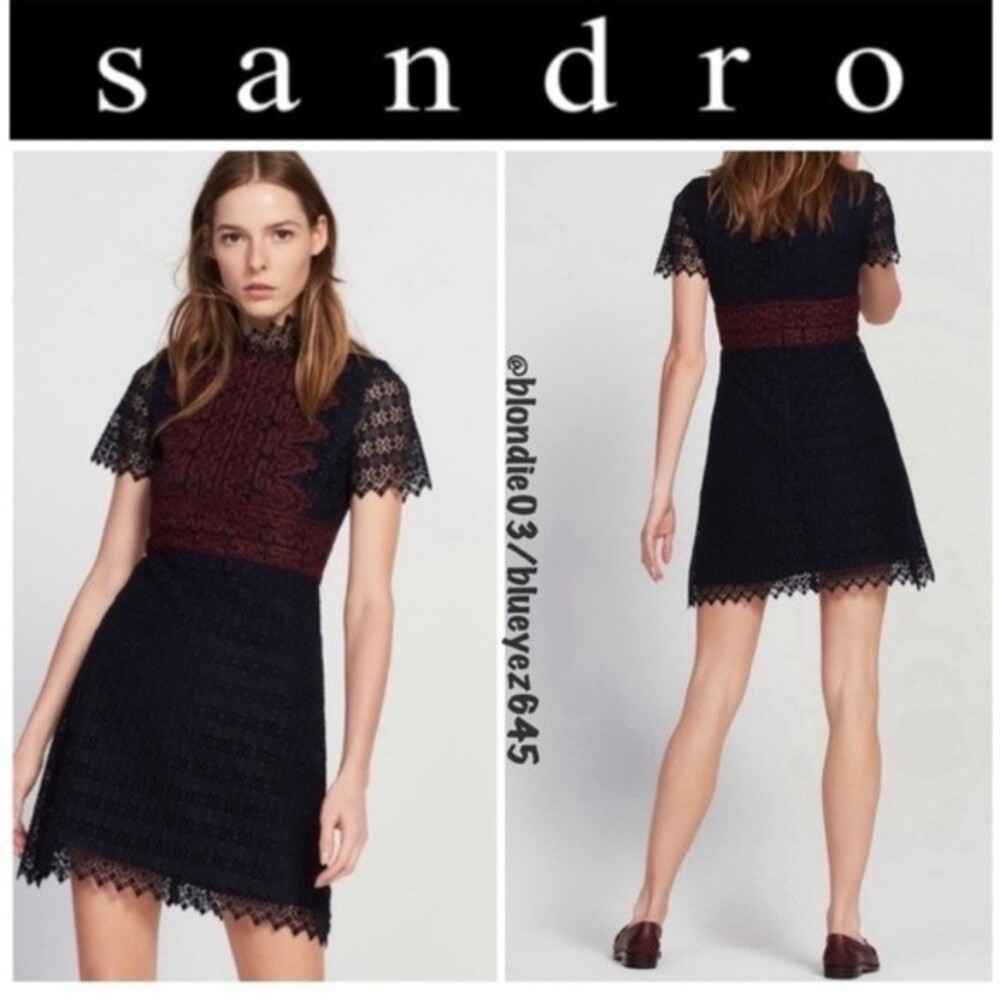 Sandro “Danny” Navy Blue and red dress in contrasting lace and lurex 3/L